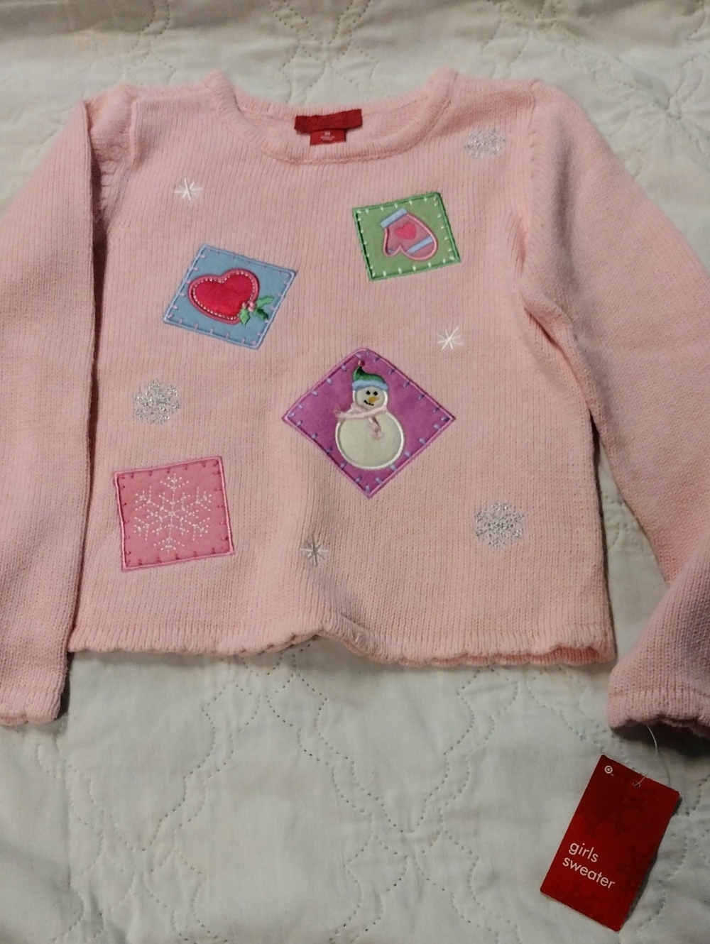 Girls Pink Holiday Sweater with Snowman & Hearts